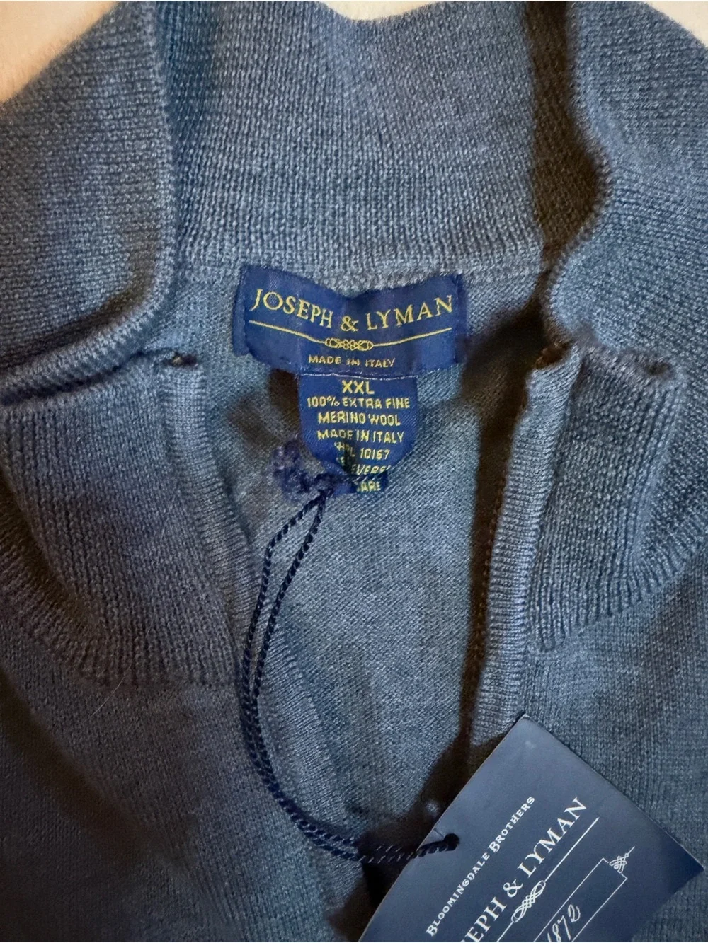 Joseph & Lyman Men’s XXL 100% Extra Fine Merino Wool Quarter Zip Sweater Italy N